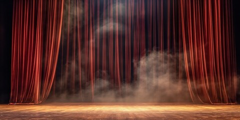 Photo of an empty stage at the theatre, illuminated by spotlights and smoke from pyrotechnics. A performance and drama concept.