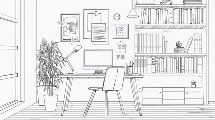 Interior home design of modern workplace with computer, table, furniture, bookshelf. Home office. Very beautiful vector linear illustration
