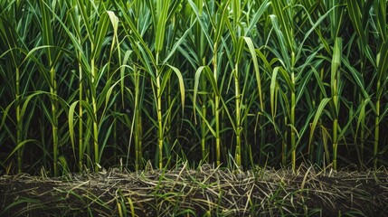 Fototapeta premium Sugarcane plants in a field at a close distance
