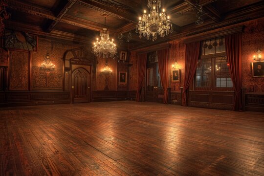 An empty room in a haunted mansion, with creaky wooden floors, cobweb-covered chandeliers, and eerie portraits hanging on the walls. 