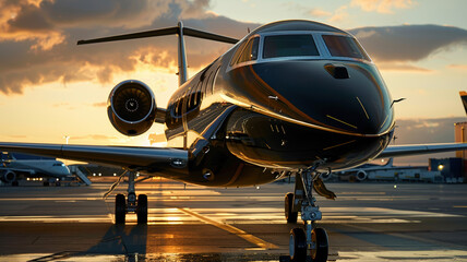 A premium black and gold private jet, parked at the airport during sunset, showcases luxurious business transport for VIPs, embodying the opulent lifestyle of millionaires and billionaires.