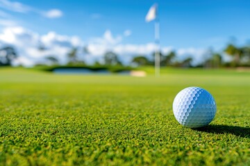 Obraz premium Close-up photo of a golf ball lying on green grass, with the hole and a flag visible in the background. The scene is set against a blue sky. Space for copy. Golf and leisure concept. 