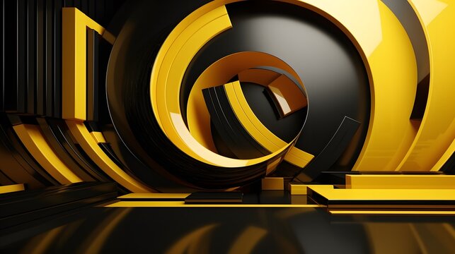 3d rendering of yellow and black abstract geometric background. Scene for advertising, technology, showcase, banner, game, sport, cosmetic, business, metaverse. Sci-Fi Illustration. Product display