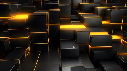Obraz premium 3d rendering of yellow and black abstract geometric background. Scene for advertising, technology, showcase, banner, game, sport, cosmetic, business, metaverse. Sci-Fi Illustration. Product display