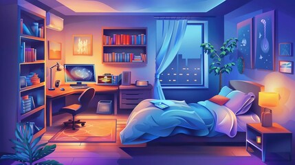 Interior room with bed and computer table. Cozy room with furniture, windows and wardrobe. Evening time and soft light of the lamp. Nice cartoon style design. Very beautiful vector