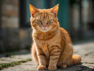 orange cat with blur background, orange cat is sitting and looking