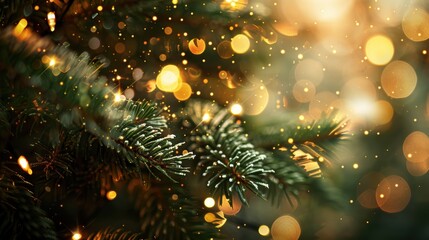 Close-up of a Christmas tree branch adorned with golden lights, creating a warm, festive atmosphere.