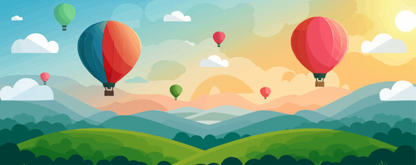 Colorful hot air balloons floating over rolling hills. Vector flat minimalistic isolated illustration.
