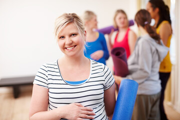 Woman, pregnant and maternity exercise with group of friends, smile or face for pregnancy pilates....