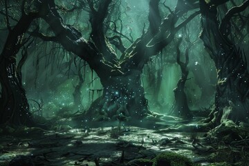 A mystical swamp, with ancient, gnarled trees, and mist swirling around the ground 