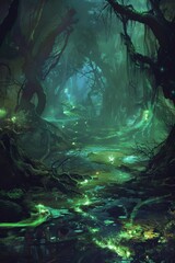Obraz premium A mystical swamp, with ancient, gnarled trees, and mist swirling around the ground 