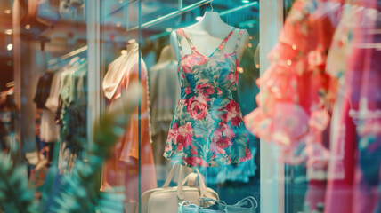 Summer suit displayed in the store window with a promotional sign on the door, featuring a special discount offer for women's clothing.
