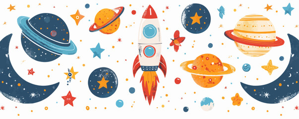 Moon toys on a clean white backdrop. Vector flat isolated illustration.