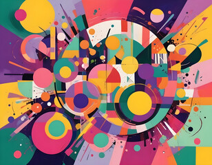 abstract painting with geometric shapes circles and rectangles vibrant shades of purple green yellow and orange