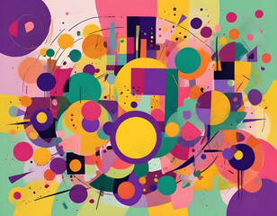Obraz premium abstract painting with geometric shapes circles and rectangles vibrant shades of purple green yellow and orange