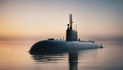A submarine on the surface at dawn, with the ocean reflecting the early morning light and fog rollin
