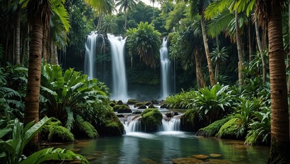 Fototapeta premium photo of tropical forest with beautiful waterfall made by AI generative
