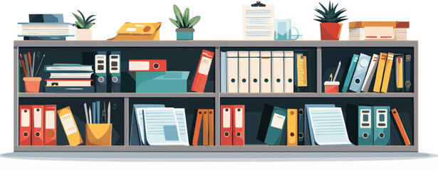 Office supplies and paperwork organized in a file folder on a plain white backdrop. Vector flat isolated illustration.