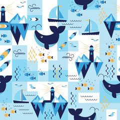 Aquatic Harmony, Seamless Geometric mosaic of Ocean Life Pattern
