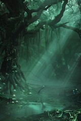 A mystical swamp, with ancient, gnarled trees, and mist swirling around the ground 