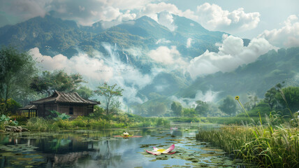 Fototapeta premium In the foreground, a small, charming hut sits beside a gentle stream with a visible lotus, while a manual boat is moored nearby, set against a backdrop of rolling hills shrouded in clouds and fog.
