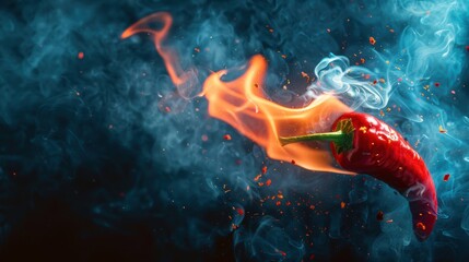 Fototapeta premium Close-up of a red chili pepper with flames and smoke, illustrating the intense heat and spice of the pepper.