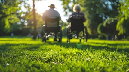 Back view of an elderly couple in wheelchairs enjoying a sunny day in the park, highlighting senior companionship.