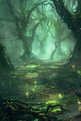 A mystical swamp, with ancient, gnarled trees, and mist swirling around the ground 