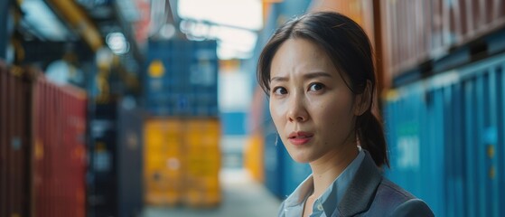 Confident Female Manager Leading Discussion with Employees by Stacked Industrial Containers in Crisp