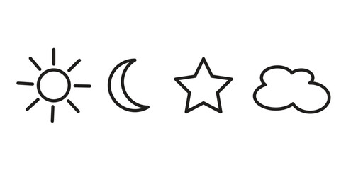 icon of sun moon stars and clouds in vector outline on transparent background.
