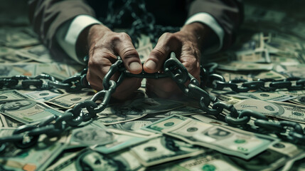 A strong visual motif showing a politician entangled in chains, symbolizing the limitations resulting from corruption and bribery.