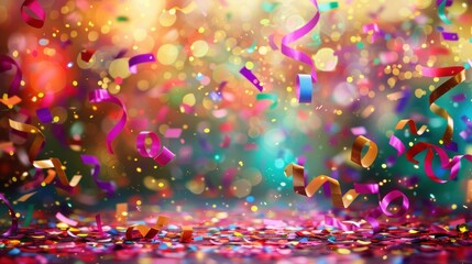 Bright confetti and streamers fill the air, creating a lively and festive atmosphere perfect for celebrations and parties.