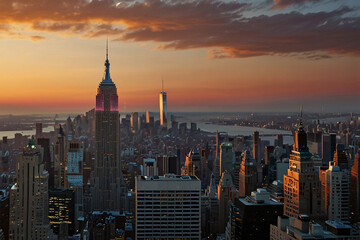 Obraz premium The iconic skyline of New York City featuring skyscrapers, iconic buildings, and a vibrant urban landscape.