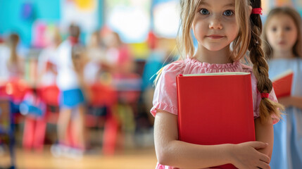 A little girl in a pink dress holding a red book, standing in a colorful classroom, ready to learn.