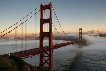 Fototapeta premium The Golden Gate Bridge spanning San Francisco Bay with its iconic red towers standing tall against a backdrop of clear blue sky and water.