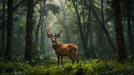 photo of a male deer with long antlers against a forest background made by AI generative