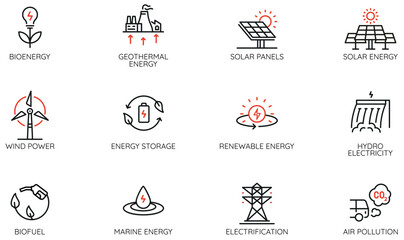 Vector Set of Linear Icons Related to sustainability, renewable energy and alternative power, eco electrification. Mono line pictograms and infographics design elements