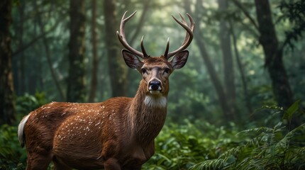 photo of a male deer with long antlers against a forest background made by AI generative
