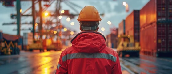 Naklejka premium High- Image of Supervisor Leading Container Unloading Operations with Team in Logistics Hub