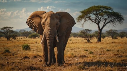 Obraz premium photo of an elephant with a savanna background in the morning made by AI generative