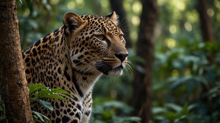 Obraz premium leopard photo with forest background made by AI generative