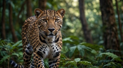 Naklejka premium leopard photo with forest background made by AI generative