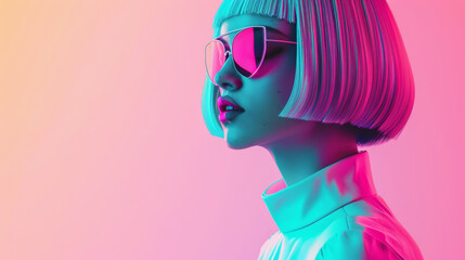 an humanoid model dressed with a pastel colors futuristic, bob cut hair, inside a minimal environment