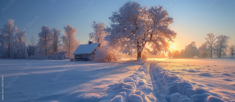 Poster Snowy Winter Landscape at Sunrise