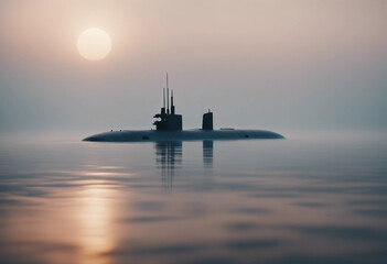 A submarine on the surface at dawn, with the ocean reflecting the early morning light and fog rollin
