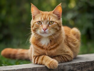 orange cat with blur background, orange cat is sitting and looking