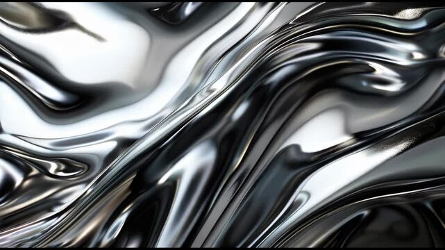 Metallic liquid silver flows and ripples, creating an abstract, mesmerizing visual