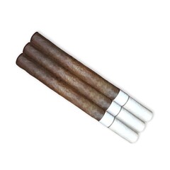 Top view of three cigarillos with filter, isolated on white background.