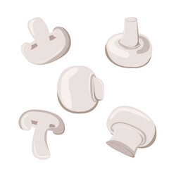 Champignons set. Whole and slice button mushroom. Food and cooking concept can be used for menu, posters, logo. Vector illustration