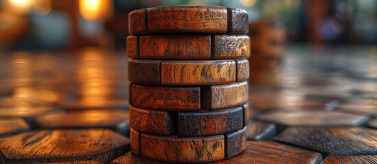 Naklejka premium Stacked Wooden Discs on a Wooden Surface